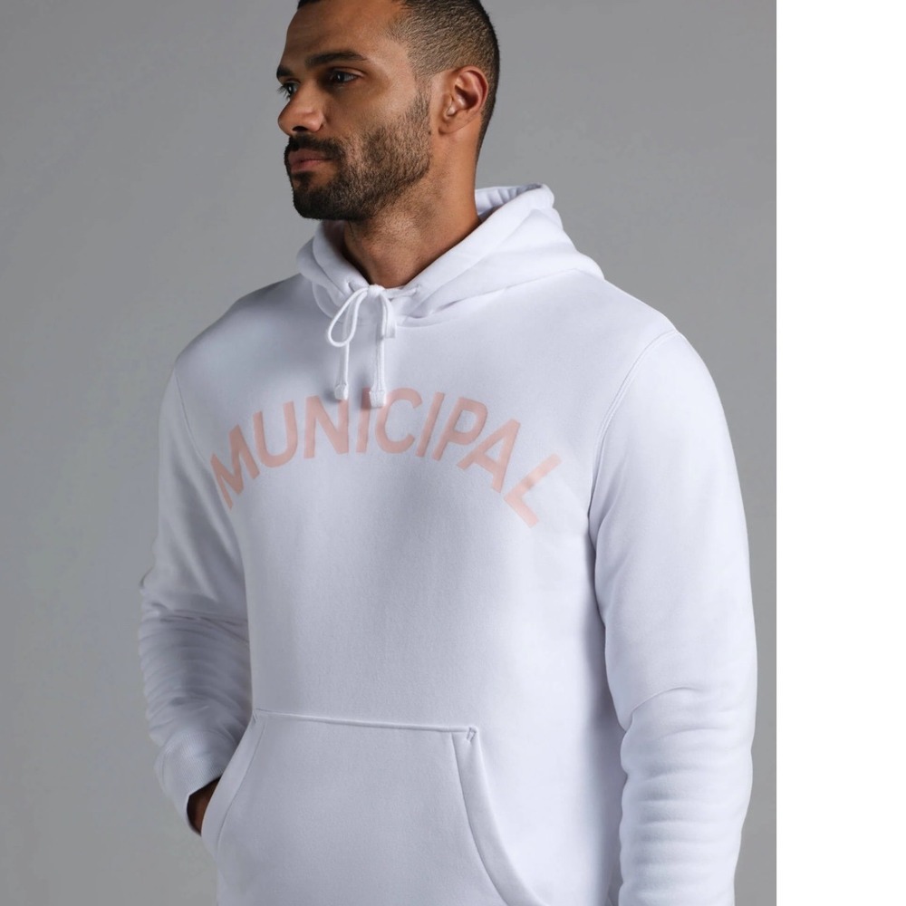 Municipal Mens Sport Utility Hoodie White Pink Arch Logo Pullover Sweatshirt